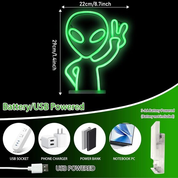 Green Alien Neon Sign LED Wall Light USB Battery for Game Room Party Decor - Picture 6 of 9